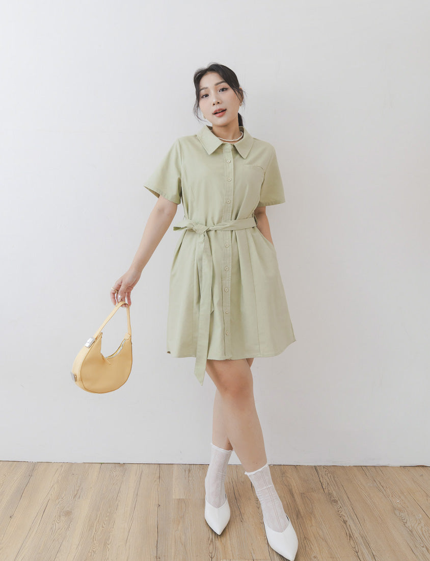 MISS. Korean-Style Button-Front Contrast Stitch Plus Size Dress (with Waist Tie)