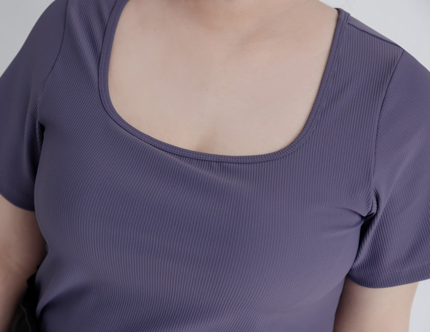 Pobra. Airy Ribbed Square Neck Short Sleeve Plus Size Bra Top