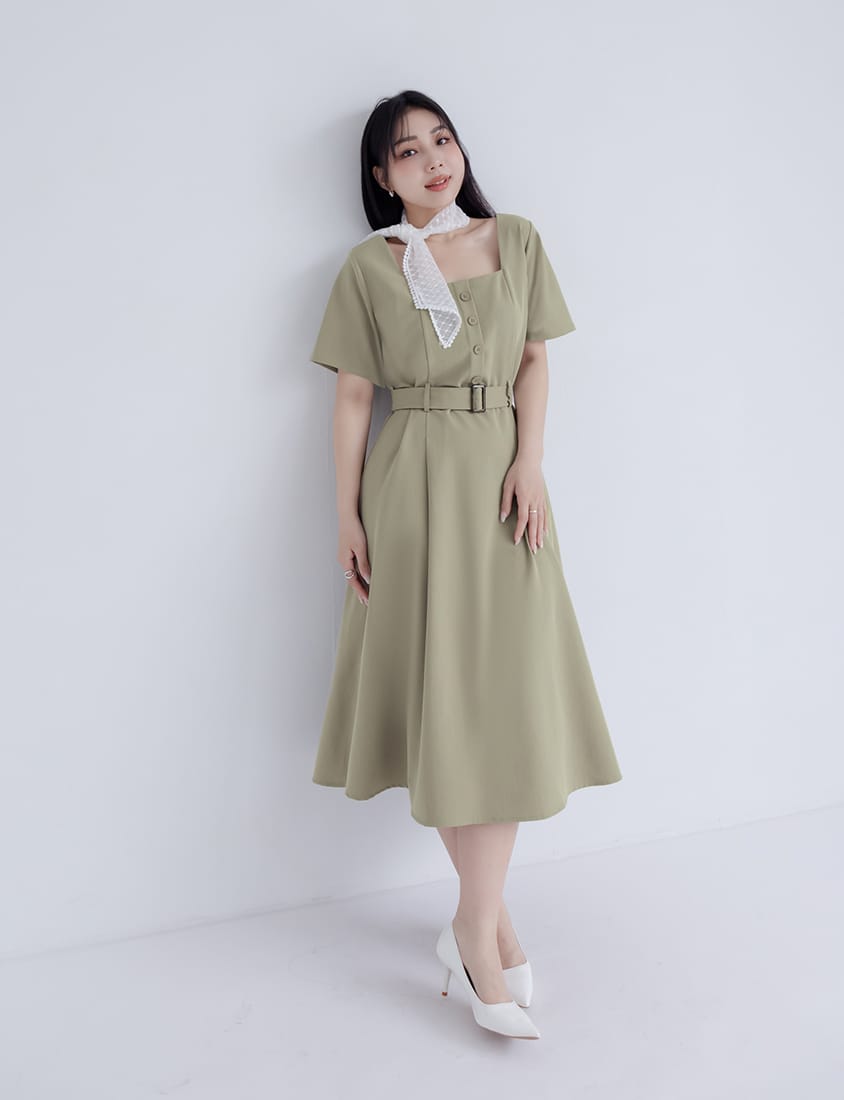 MISS. Square Neck Faux Button Elegant Plus Size Long Dress (With Belt)