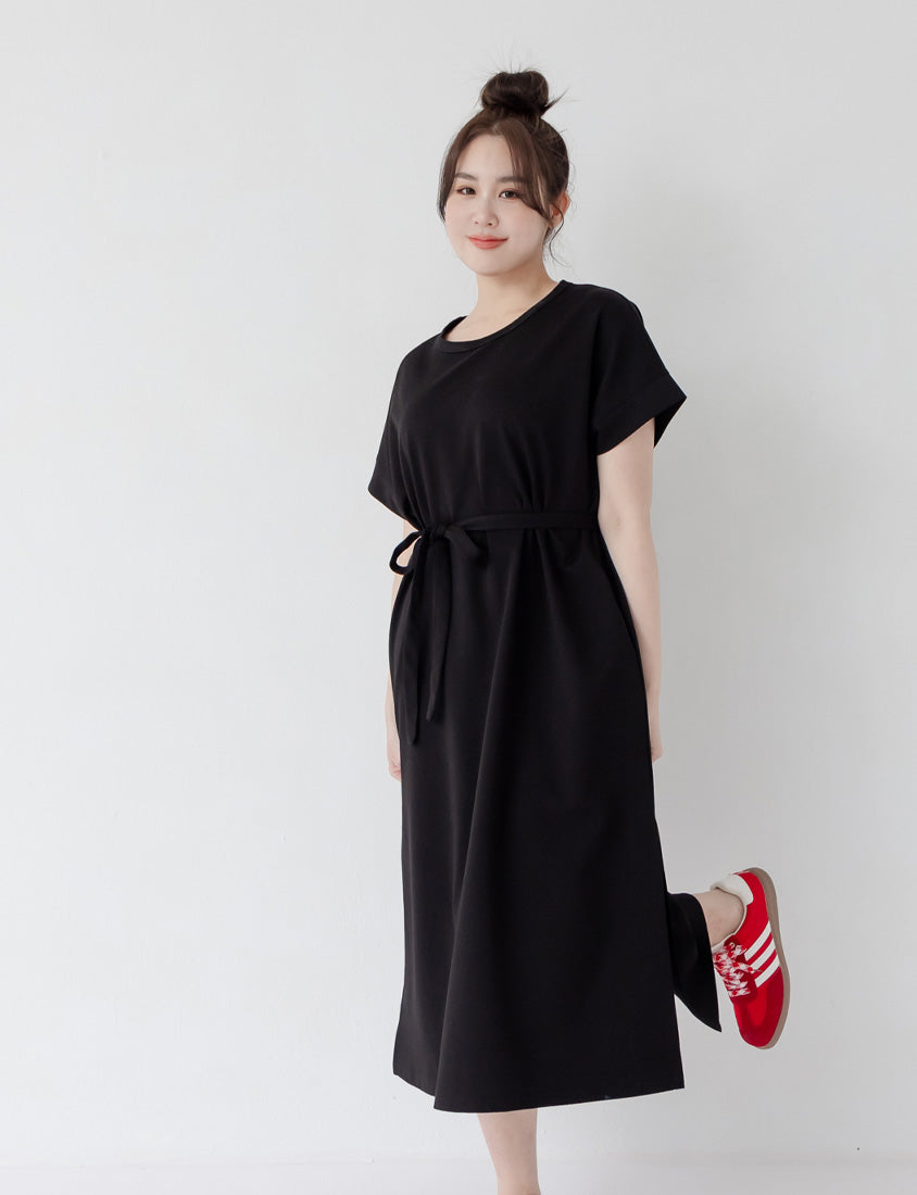 Casual Crew Neck Waist Tie Plus Size Maxi Dress