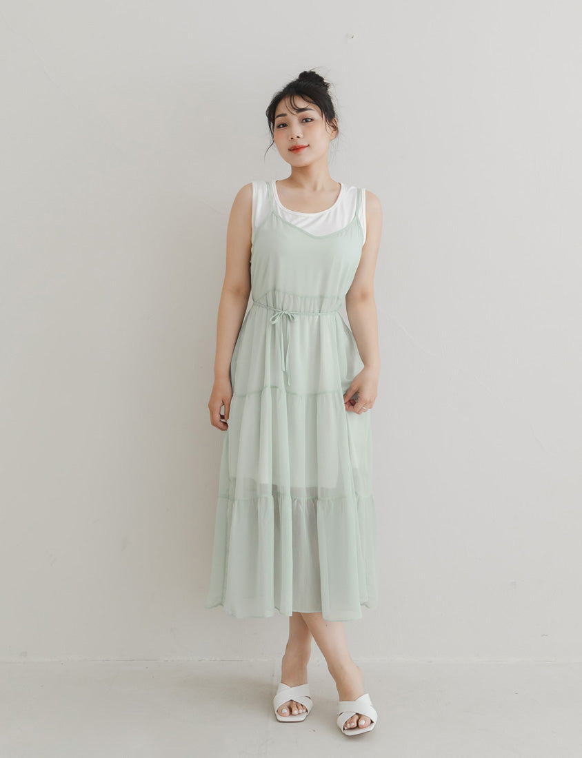Two Piece Sheer Crinkled Tiered Plus Size Maxi Dress (with Inner Tank)