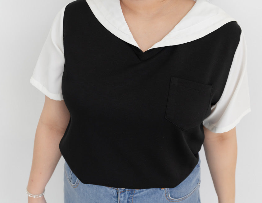 Space Cotton Sailor Collar Faux Two-Piece Plus Size Top