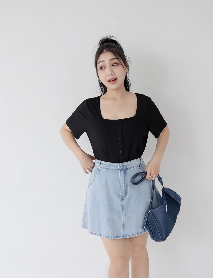 Multi-Color Ribbed Square Neck Faux Button Plus Size Top