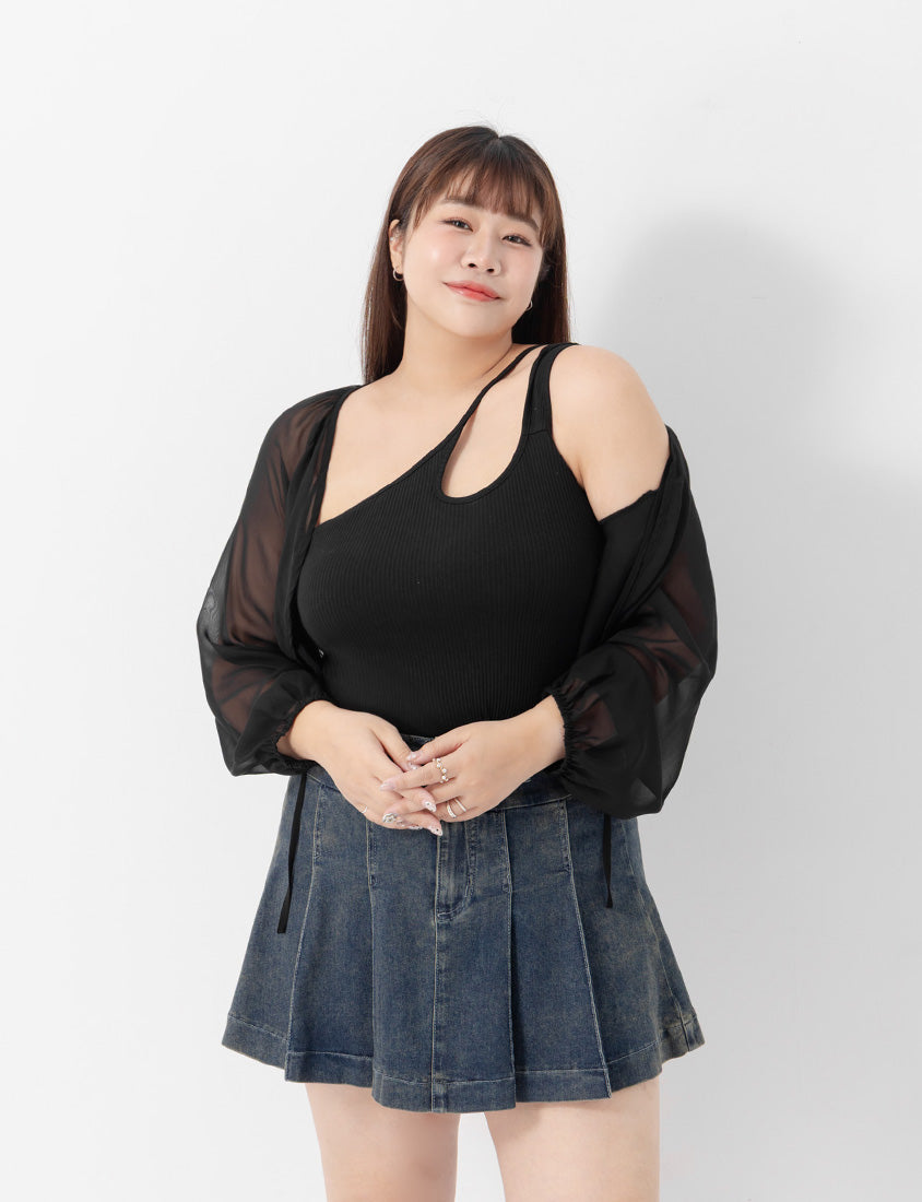 Japanese Style Puff Sleeve Tie Sheer Cropped Plus Size Cover-Up