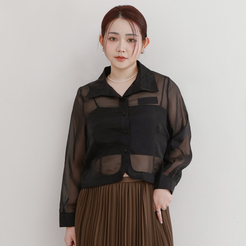 MISS. Faux Pockets Sheer Plus Size Cropped Shirt