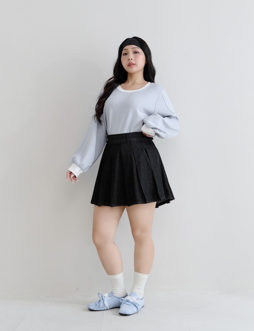 Playful Pleated Denim Mini Skirt (with Button)
