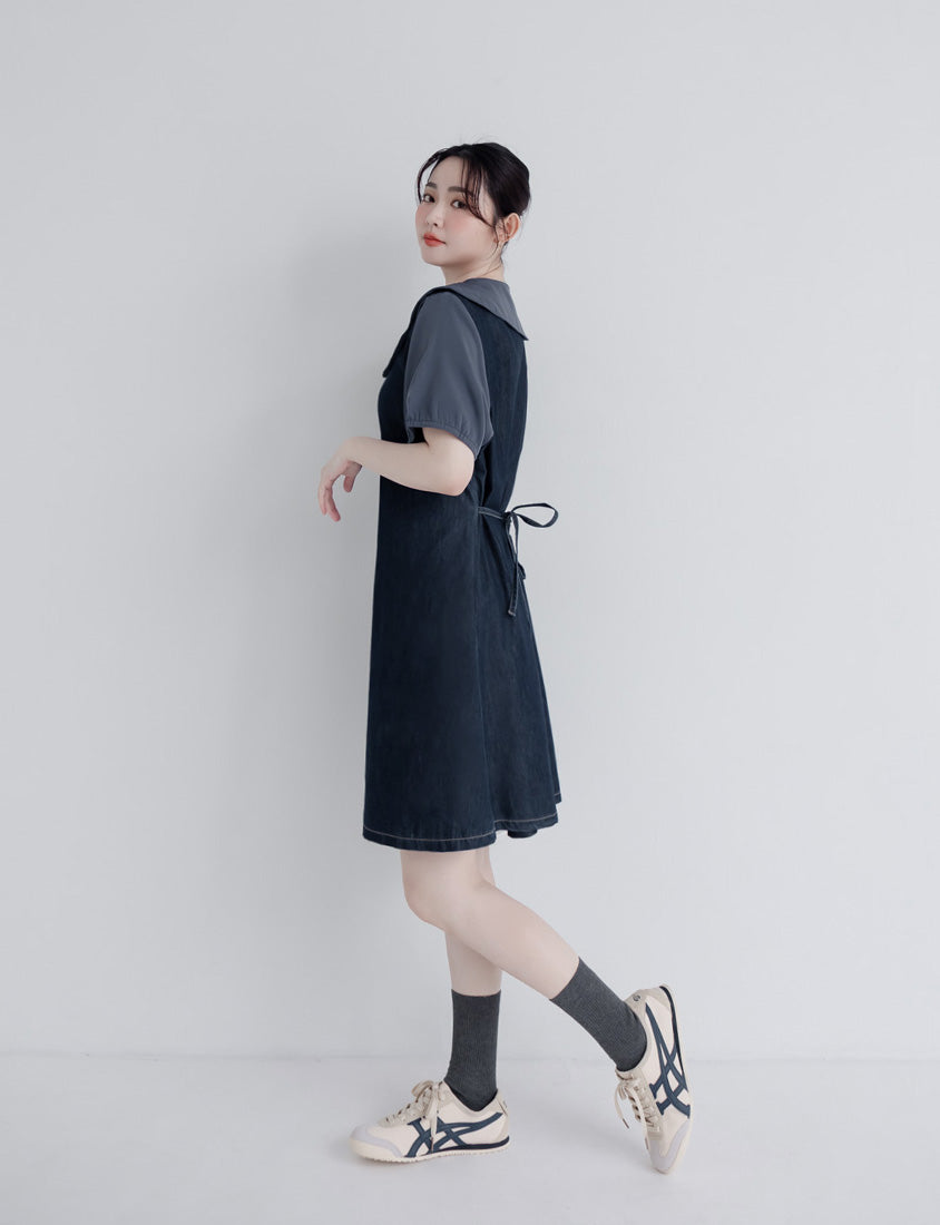 Faux Two-Piece Denim Collar Waist-Tie Plus Size Dress
