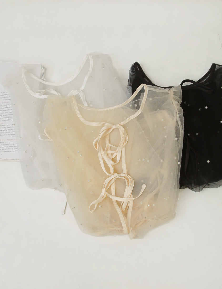 MISS. Romantic Sheer Pearl-Embellished Tie Plus Size Blouse