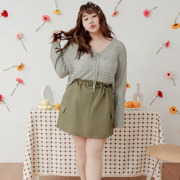 Two-Way Front-Tie Drawstring Plus Size Knit Top