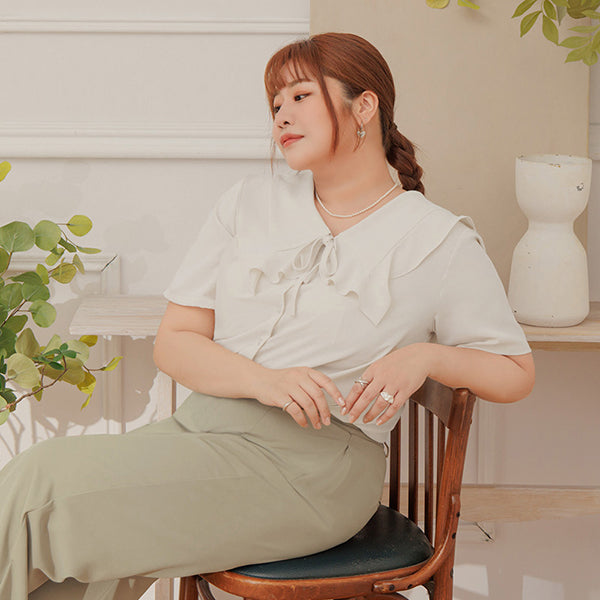 MISS. Heart Buttons Front Tie Ruffle Collar Plus Size Blouse