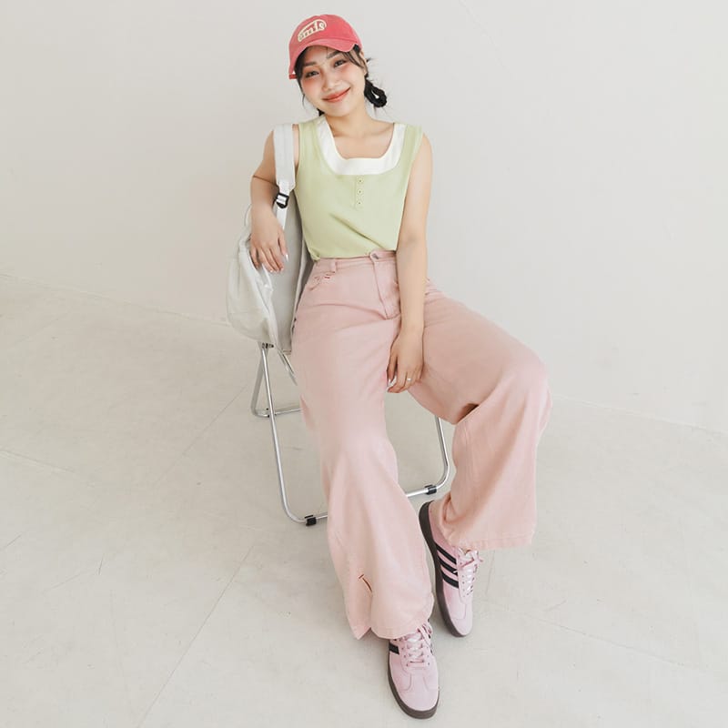 Lyocell Cooling Contrast Stitch Slit Plus Size Wide-Leg Pants