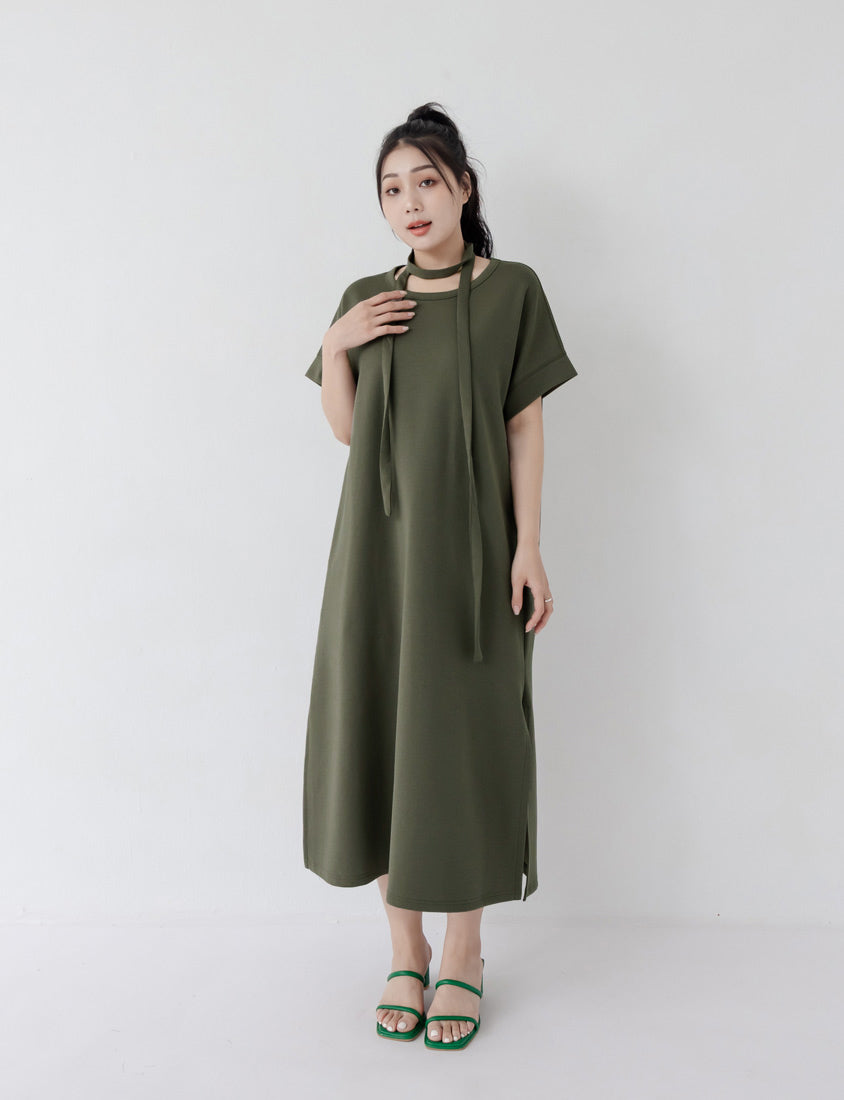 Casual Crew Neck Waist Tie Plus Size Maxi Dress