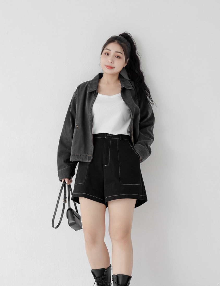 Twill Contrast Stitch High Waist Plus Size Shorts