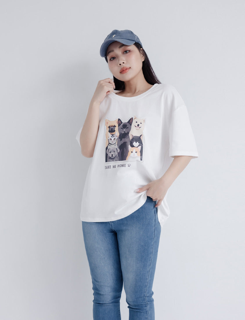 Kitty and Puppy Print Crew Neck Short Sleeve T-shirt