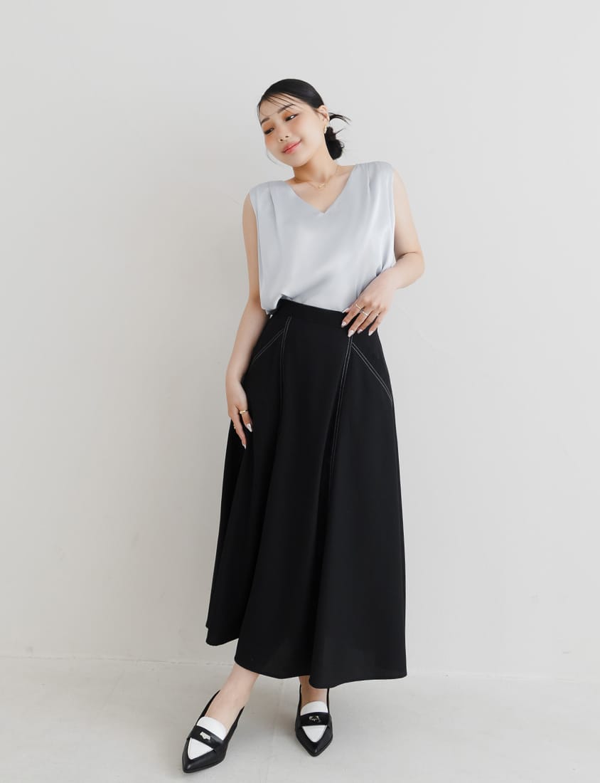 MISS. Contrast Stitch A-Line Back Elastic Waist Plus Size Maxi Skirt