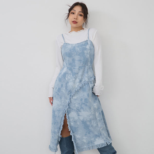 Adjustable Tie-Dye Denim Plus Size Cami Dress