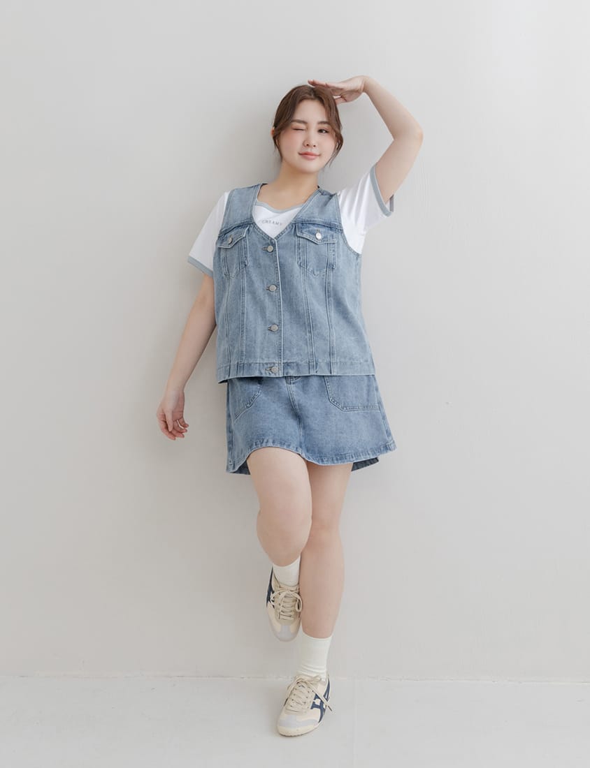 V-Neck Pocket Button Plus Size Denim Vest