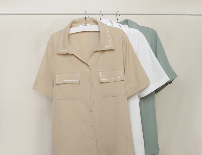 Color-Block Embroidered Pocket Plus-Size Short Sleeve Shirt