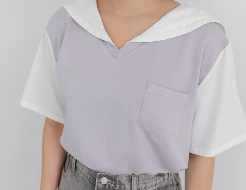 Space Cotton Sailor Collar Faux Two-Piece Plus Size Top