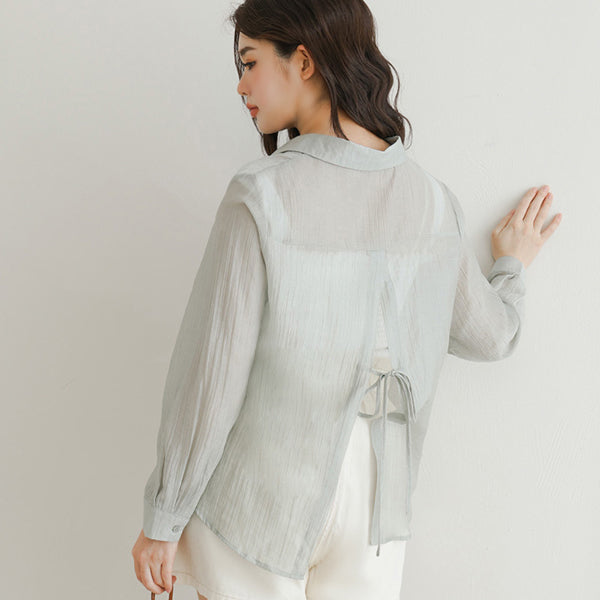 Crinkled Texture Sheer Tie-Back Plus Size Long Sleeve Shirt