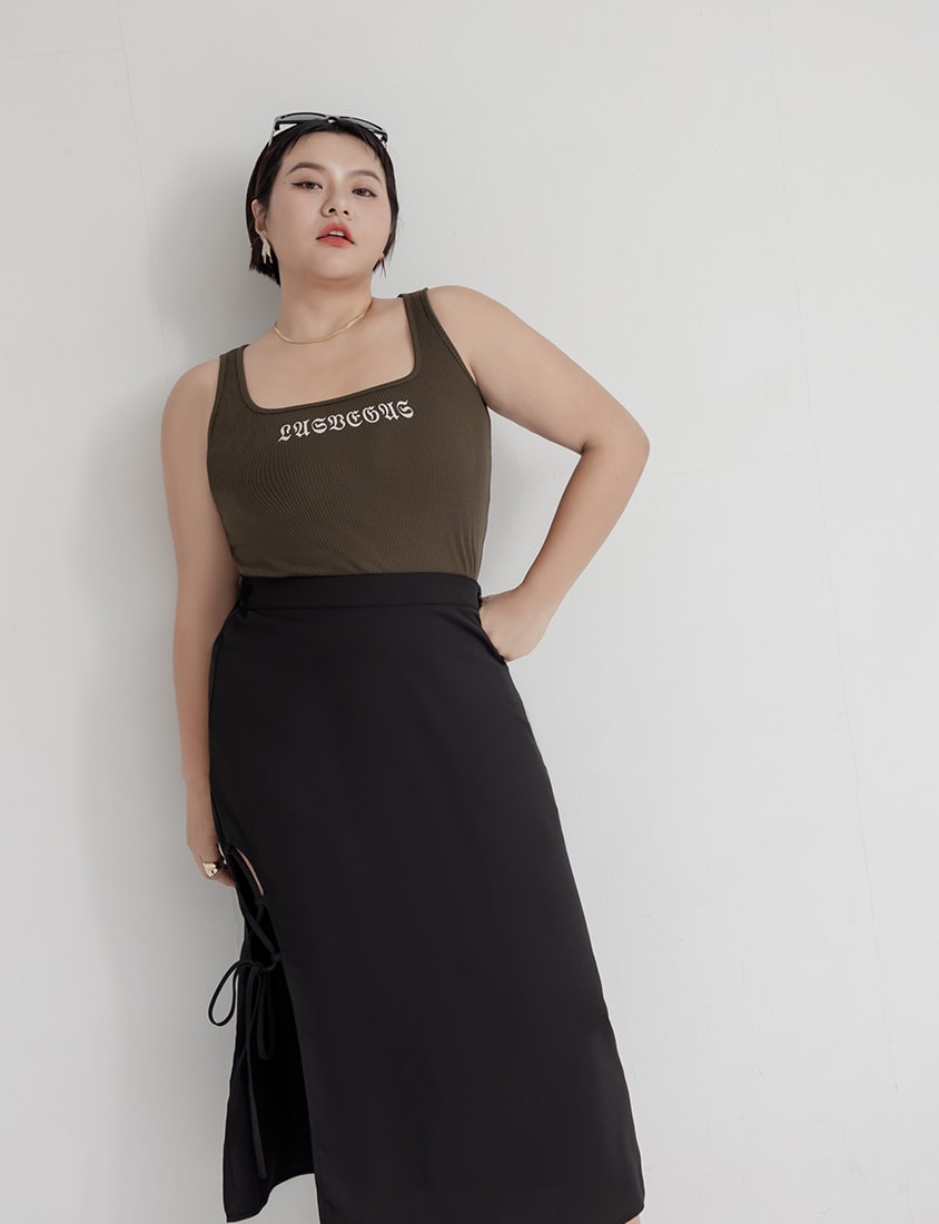 MUA! Hot Side Tie Elastic Back Waist Plus Size Maxi Skirt (with Belt)