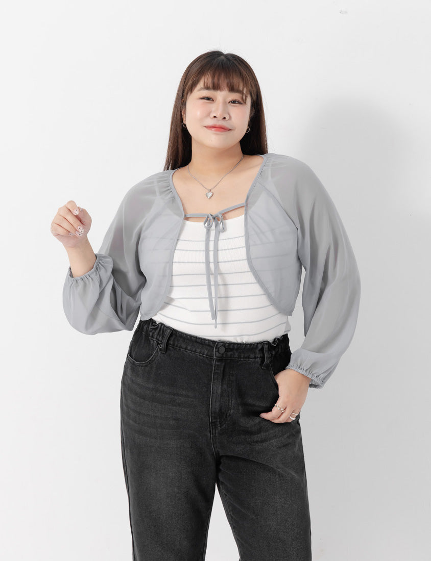 Japanese Style Puff Sleeve Tie Sheer Cropped Plus Size Cover-Up