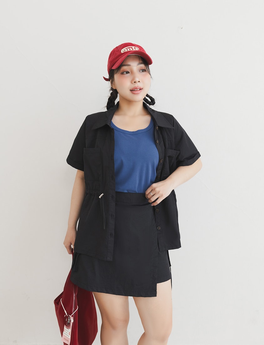 Pockets Cargo Drawstring Waist Plus Size Shirt