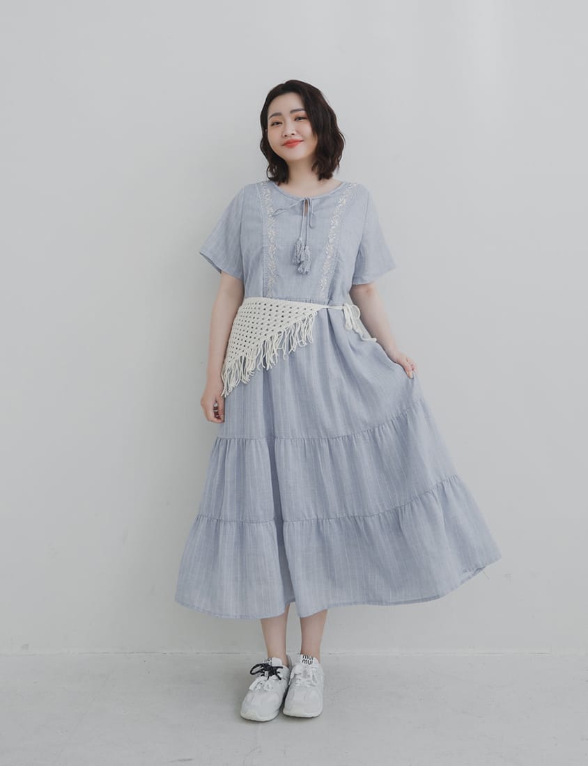 Boho Jacquard Embroidered Plus-Size Maxi Dress (with Waist Tie)