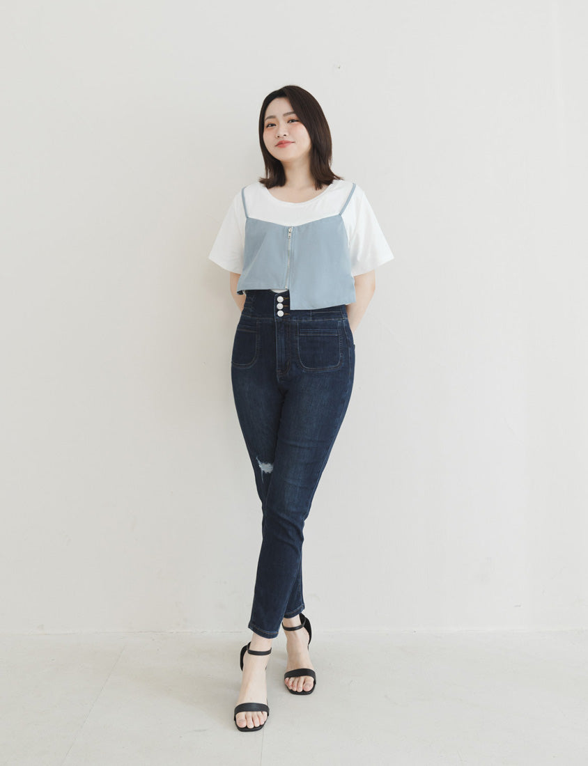 Cooling Tech Corset Waist Plus Size Distressed Jeans
