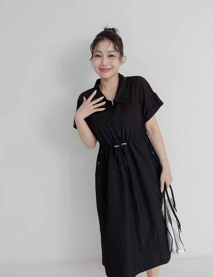 Utility Cargo Pocket Drawstring Cinched Waist Plus Size Maxi Dress