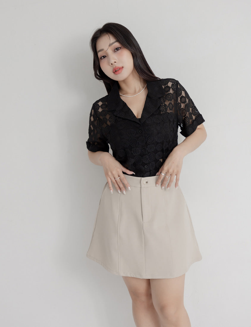 MISS. Cuban Collar Lace Eyelet Plus Size Shirt