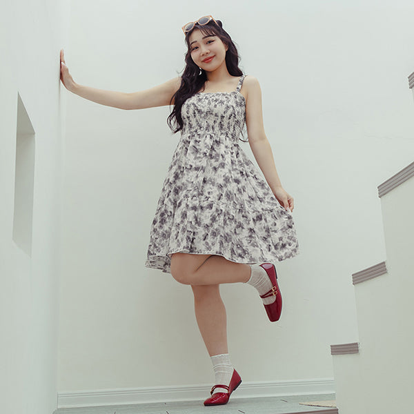 Sweet Tie-Dye Full Smocked Plus Size Strap Mini Dress