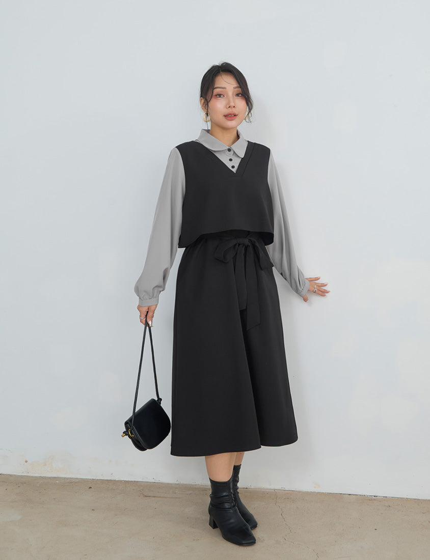 MISS. Contrast Faux Two Piece Waist Tie Plus Size Maxi Dress