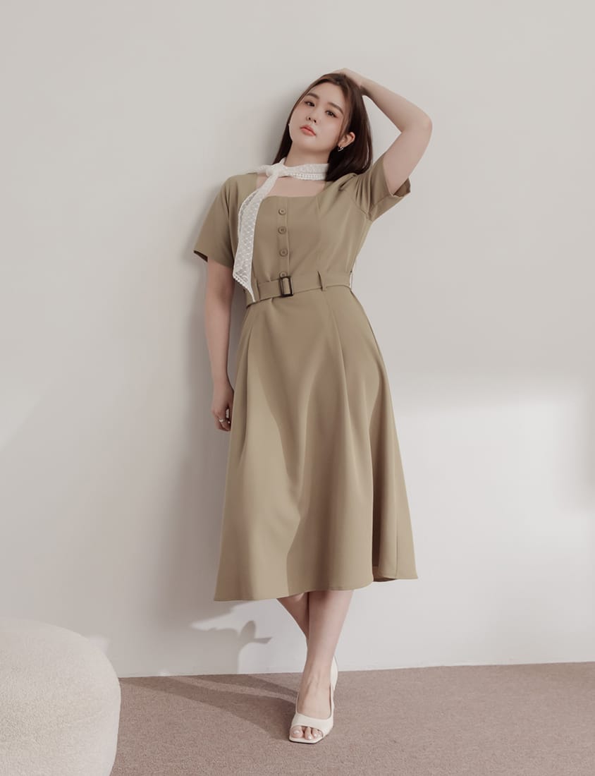 MISS. Square Neck Faux Button Elegant Plus Size Long Dress (With Belt)
