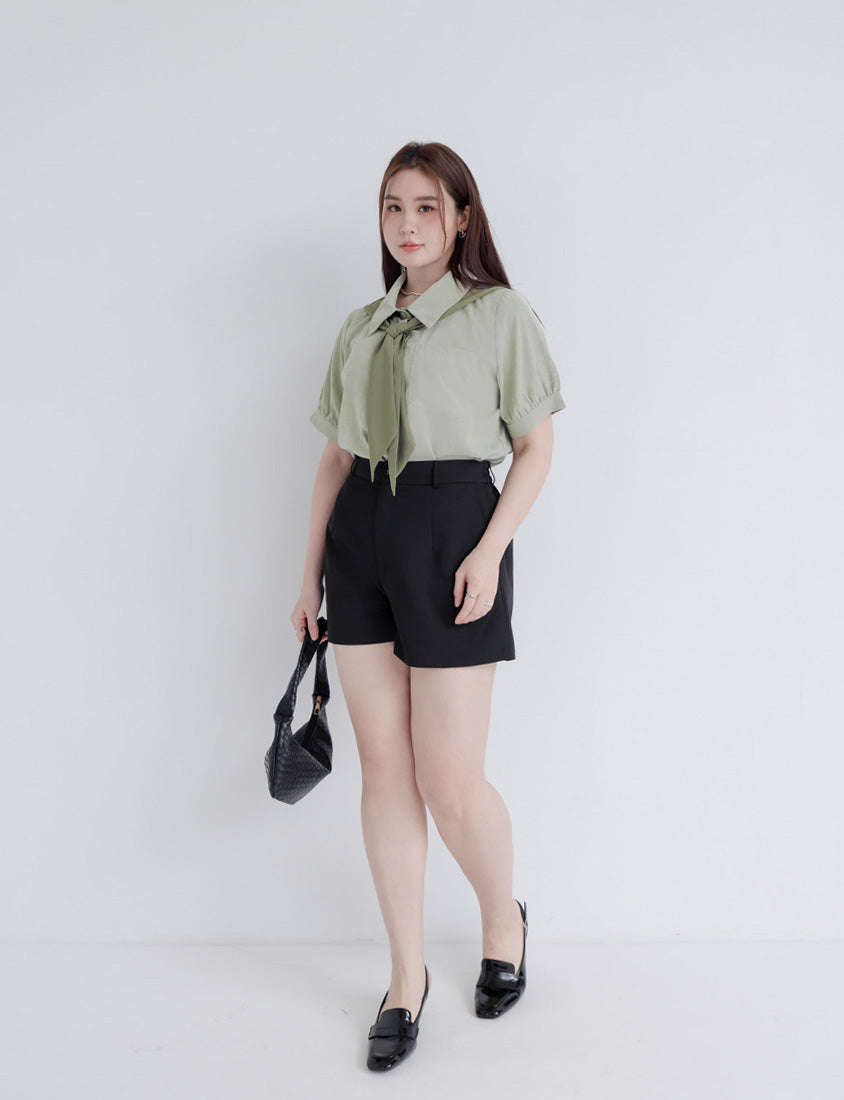 MISS. Faux Two-Piece Color-Block Bow Puff Sleeve Plus Size Blouse