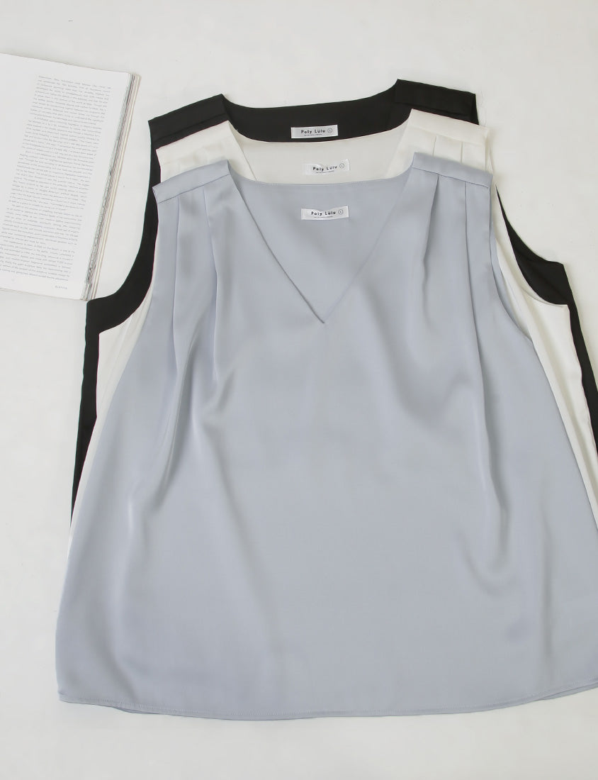 MISS. Subtle Sheen V-Neck Wide Strap Plus Size Pleated Tank