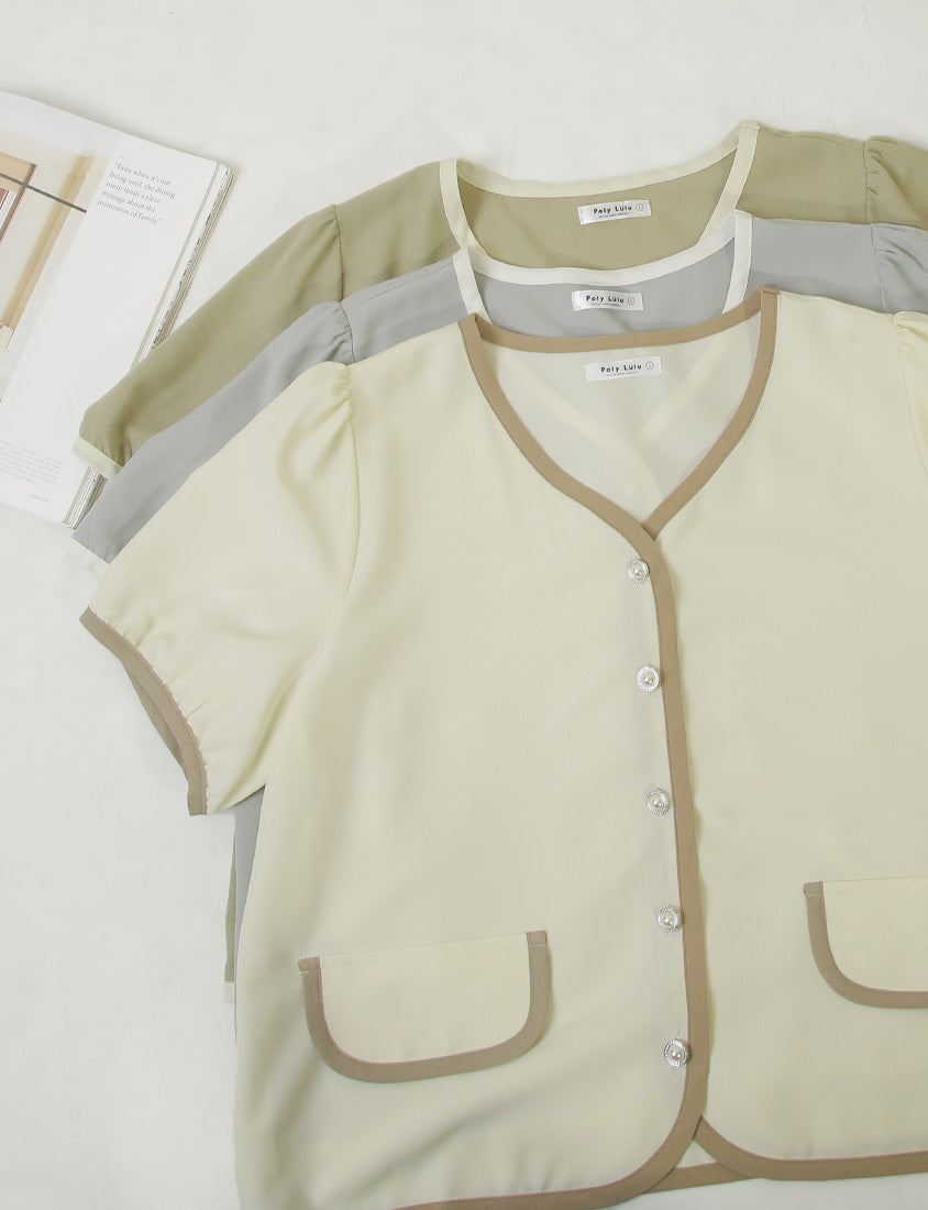 MISS. Elegant Contrast Trim Pearl Button Plus Size Top