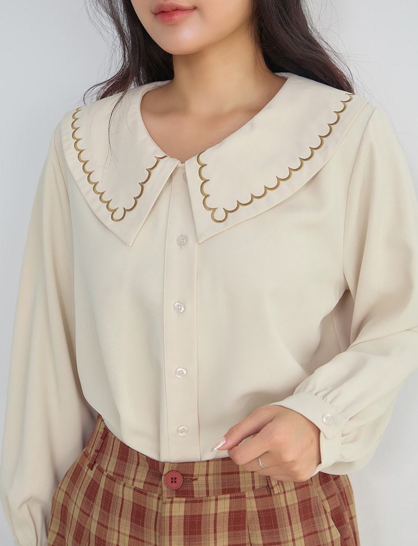 Contrast Embroidered Oversized Collar Plus Size Long Sleeve Shirt