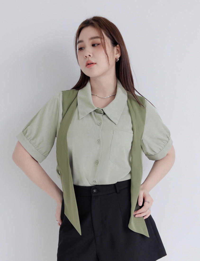 MISS. Faux Two-Piece Color-Block Bow Puff Sleeve Plus Size Blouse