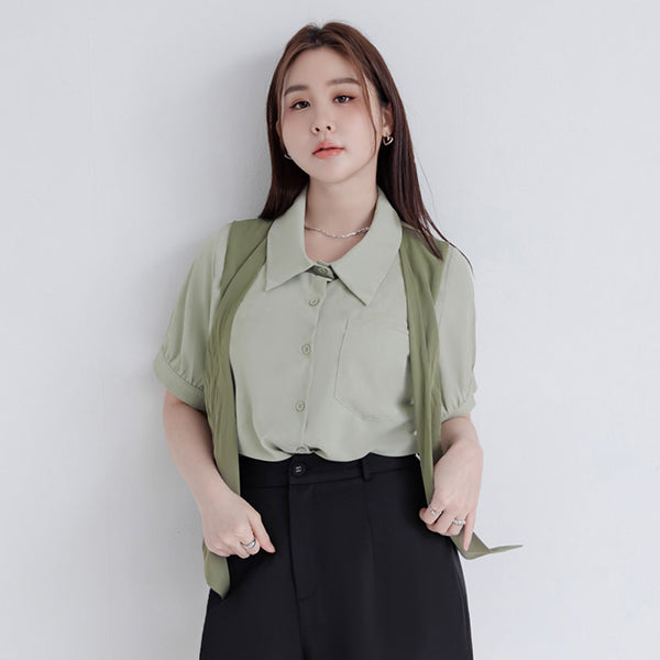 MISS. Faux Two-Piece Color-Block Bow Puff Sleeve Plus Size Blouse