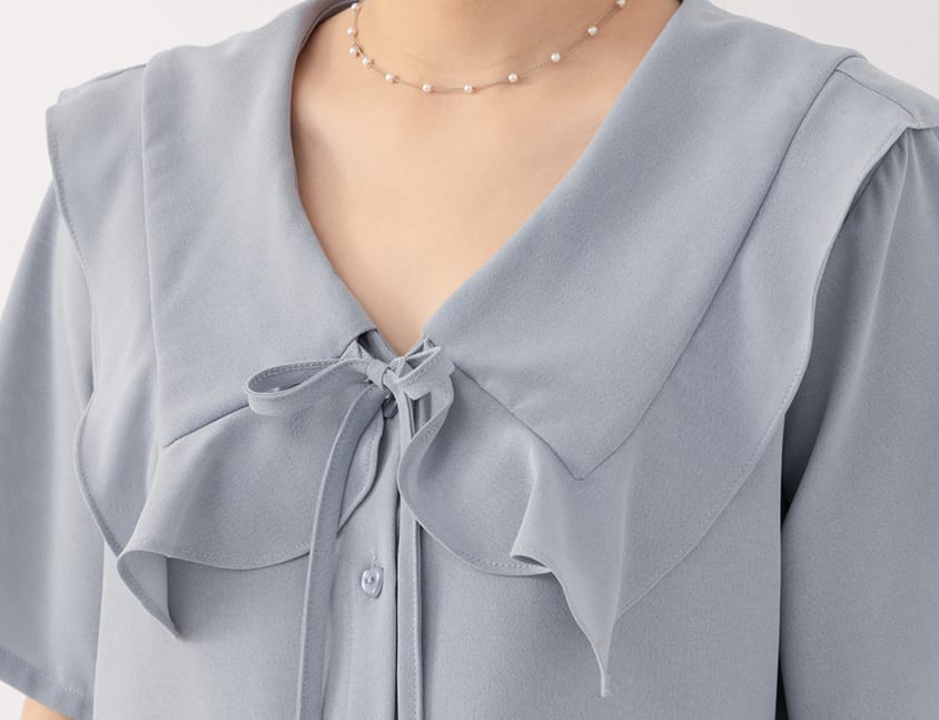 MISS. Heart Buttons Front Tie Ruffle Collar Plus Size Blouse