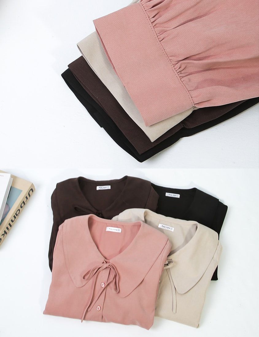Sweet Multicolor Collar Tie Puff Sleeve Plus Size Shirt