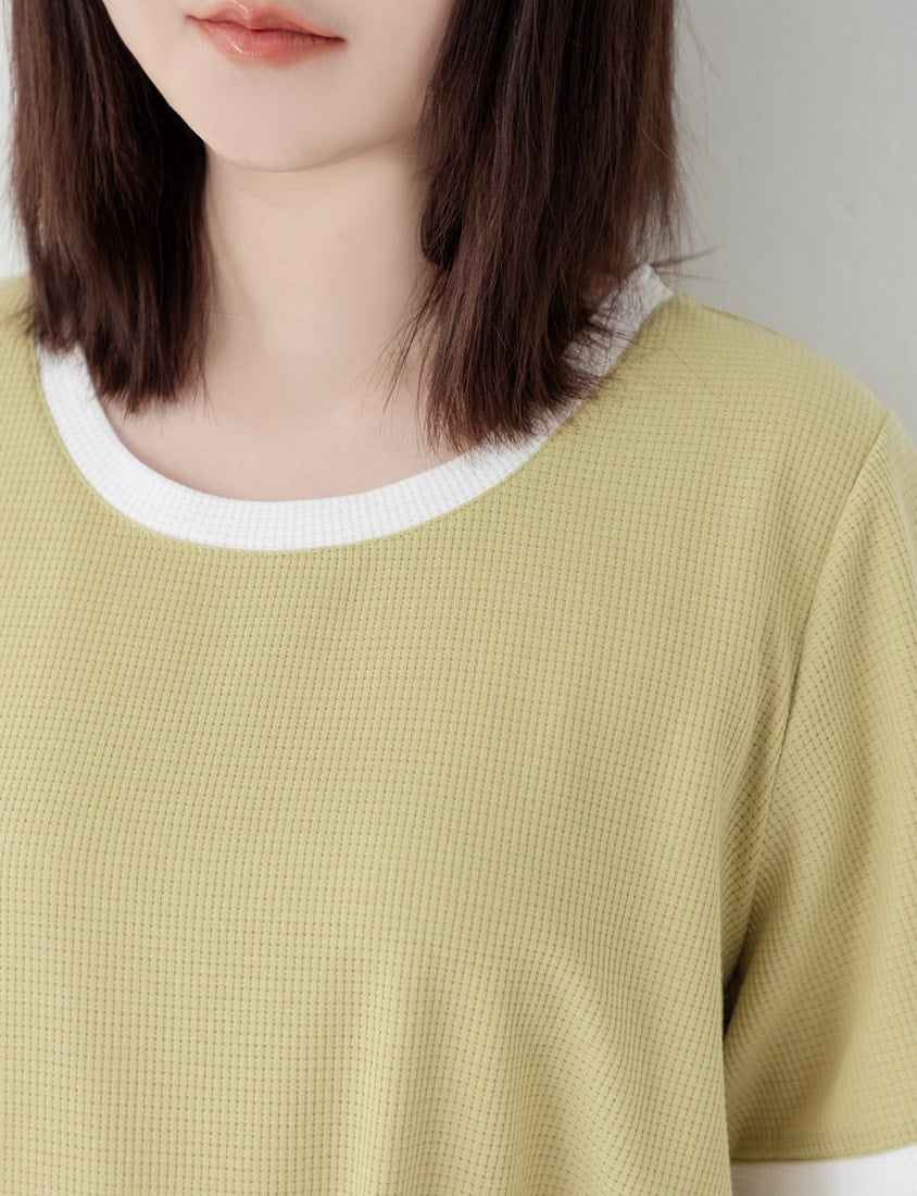 Colorblock Waffle Heart Embroidery Plus Size Top