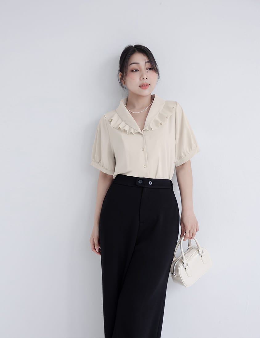 MISS. Korean-Style V-Neck Big Ruffled Puff Sleeve Plus Size Blouse