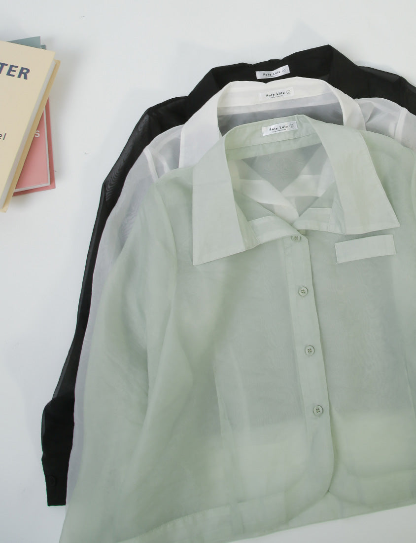 MISS. Faux Pockets Sheer Plus Size Cropped Shirt