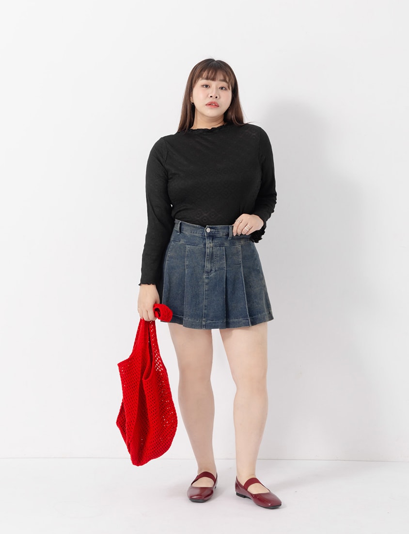 Double-Collar Diamond Lace with Lettuce Edge Plus Size Sheer Top