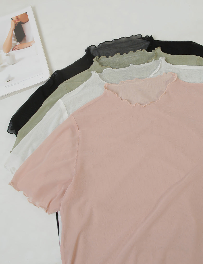 MISS. Sheer Wavy Edge Korean Style Plus Size Short Sleeve Top