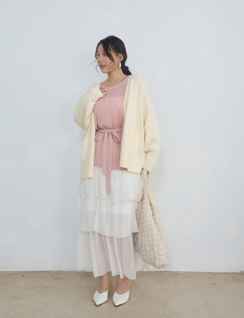 MISS. Korean Sheer Knit Plus Size Long Sleeve Top (with Waist Tie)