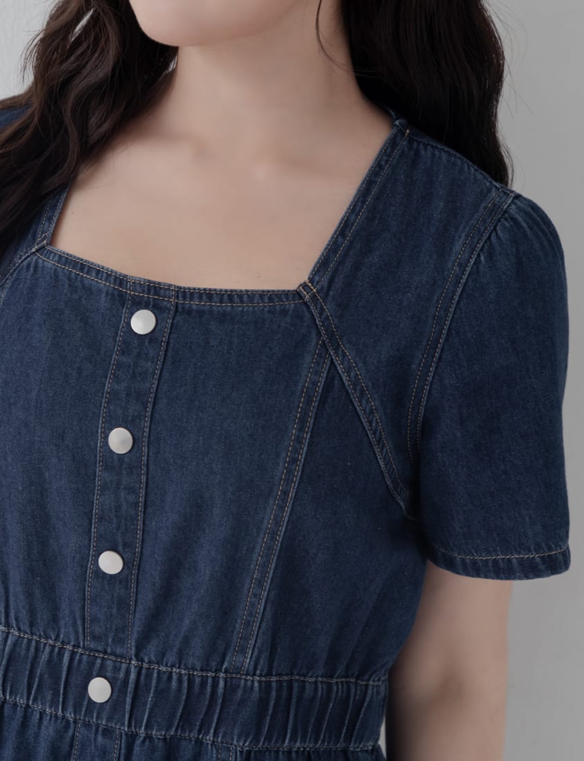 Square Neck Faux Button Elastic Waist Plus Size Denim Maxi Dress