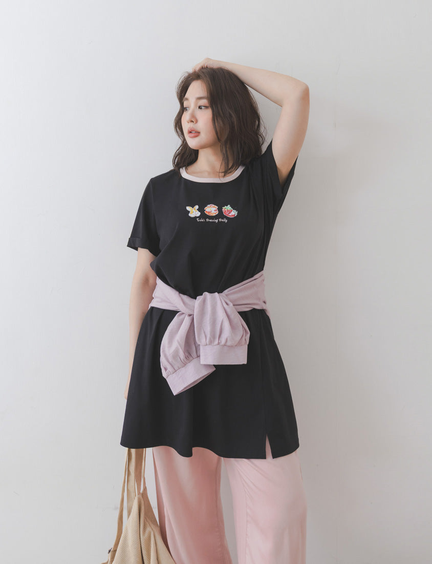 Contrast Crew Neck Hand-Drawn Print Plus Size Dress (Illustrator Collaboration)